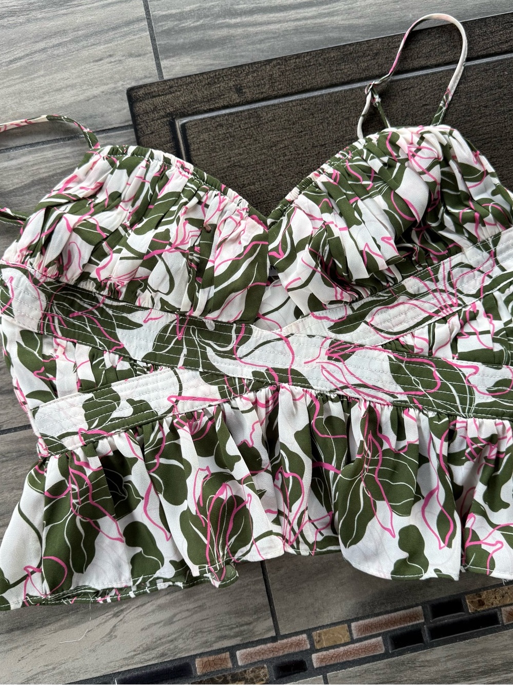 Parker Olive Green & Pink Floral Ruffle Camisole